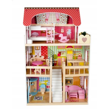 Casuta de papusi din lemn, Zola®, complet mobilata, 3 etaje, 5 camere si balcon, iluminata LED, 90 cm Casuta de papusi din lemn, Zola®, complet mobilata, 3 etaje, 5 camere si balcon, iluminata LED, 90 cm