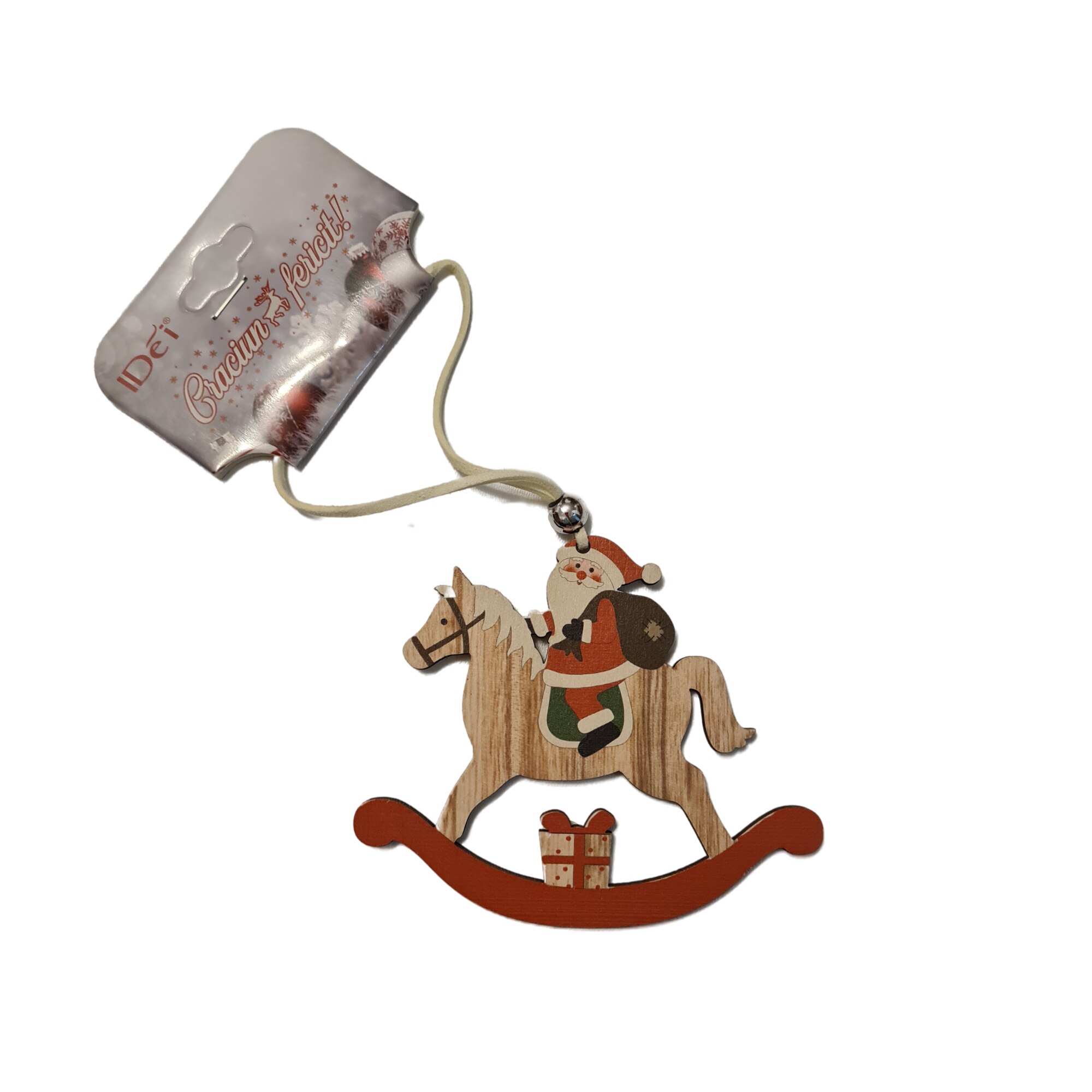Decoratiune Brad Craciun Calut Carusel Rosu, Din Lemn, cu Figurina Mos Craciun, 10x20 cm, Multicolor