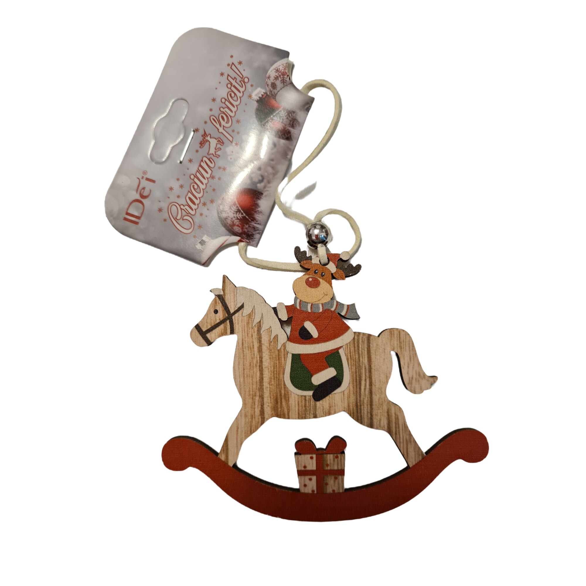 Decoratiune Brad Craciun Calut Carusel Rosu, Din Lemn, cu Figurina Ren, 10x20 cm, Multicolor