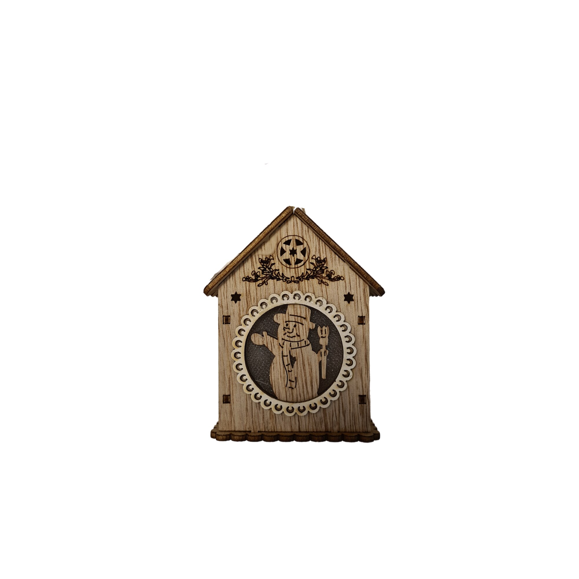 Decoratiune Craciun Casuta din Lemn, cu Figurina Om de zapada in Relief, Luminata, 9 cm