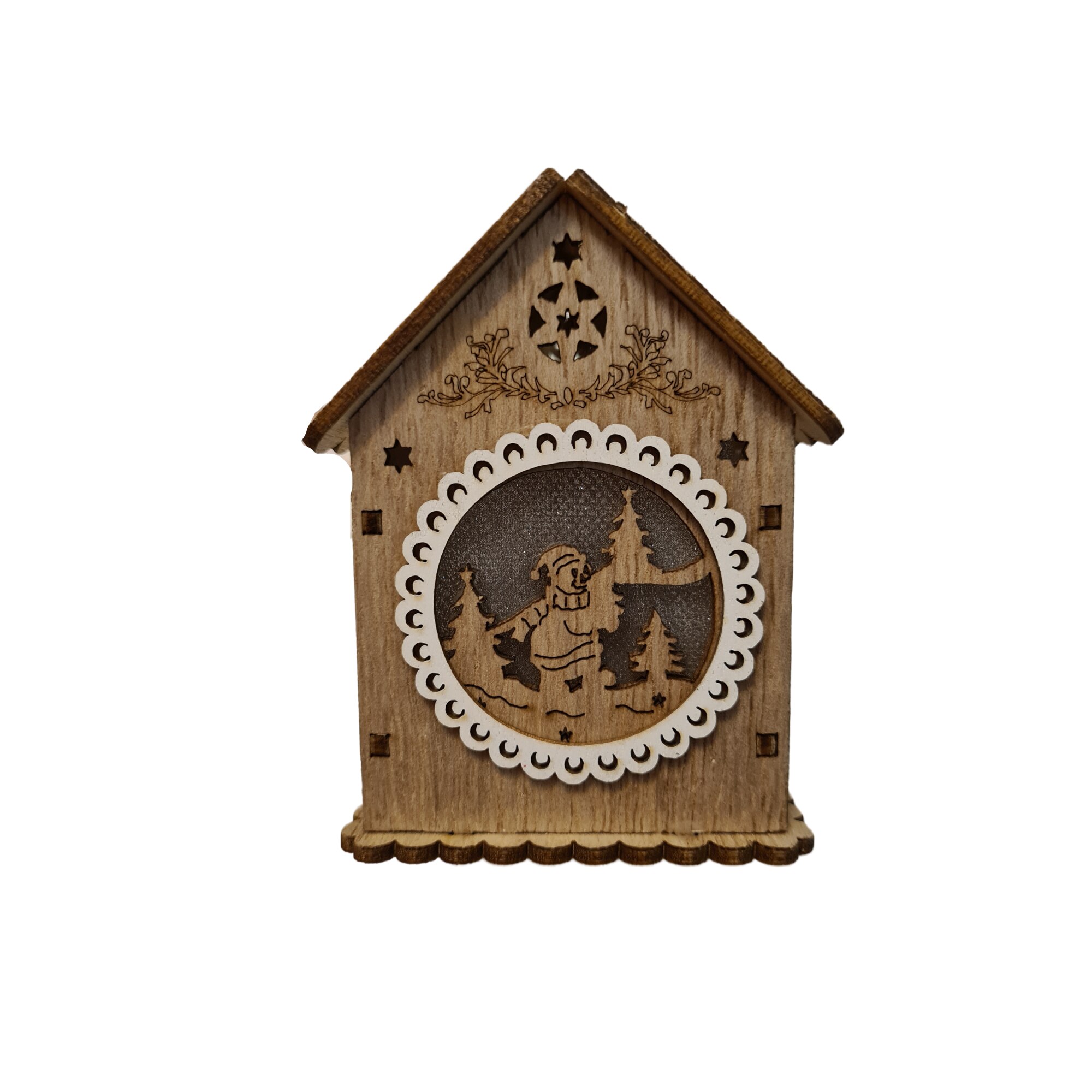 Decoratiune Craciun Casuta din Lemn, cu Figurina Ursulet in Relief, Luminata, 9 cm