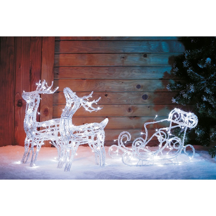 Decor de Craciun DacEnergy©, din acril, in forma de sanie cu 2 reni, 152 LED-uri albe, 8 LED-uri flash, 9.6W, 55 cm