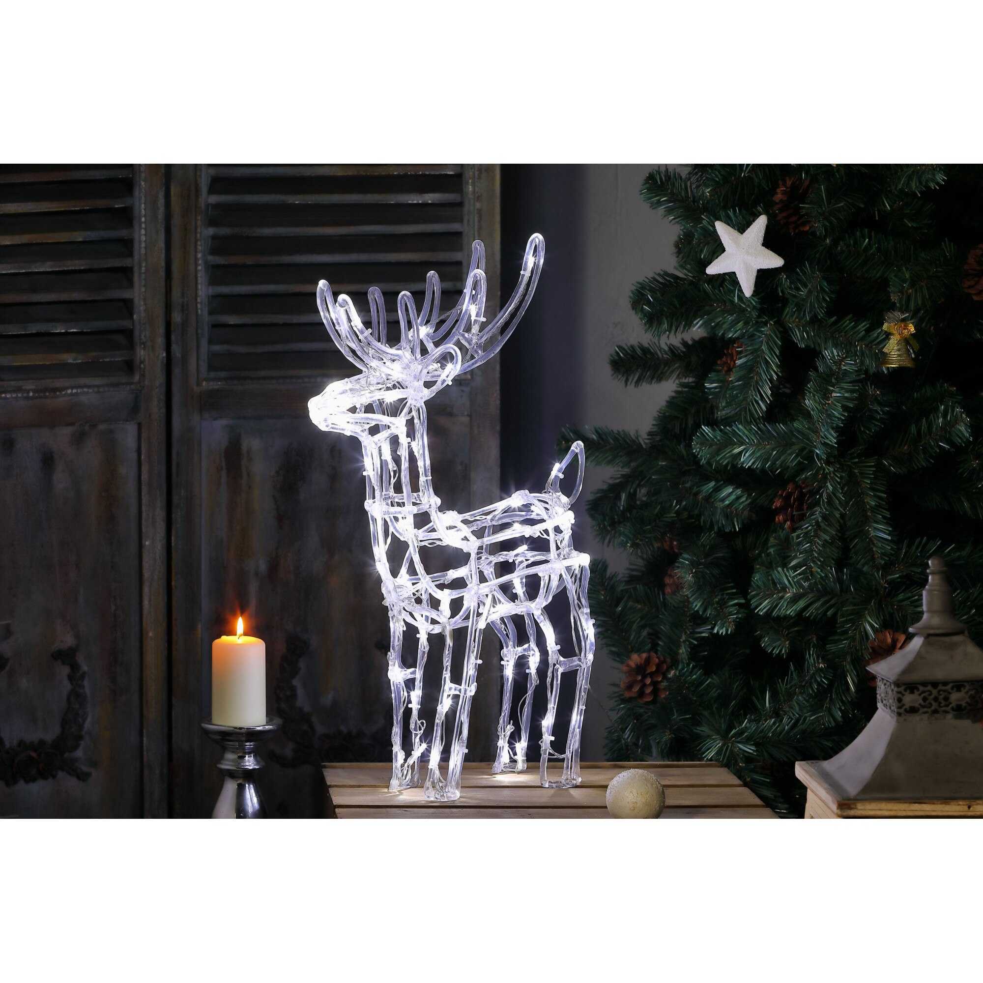 Decor de Craciun DacEnergy©, din plastic si metal, in forma de ren, 60 de LED-uri, IP44, lumina alba rece constanta, 4.6W, 600 mm