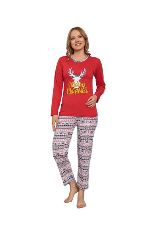 Pijama dama Serena Craciun, maneca lunga, pantaloni lungi, rosu, imprimeu Merry Christmas, figurina ren, Rosu