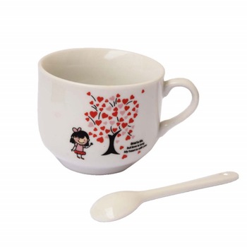 Ceasca din ceramica si lingurita Pufo, model Tree of Love, 120 ml, alb Ceasca din ceramica si lingurita Pufo, model Tree of Love, 120 ml, alb