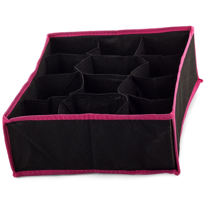 Organizator de sertare, Zola®, pentru sosete si lenjerie intima, cu 12 separeuri, negru/roz, 30x24x10 cm