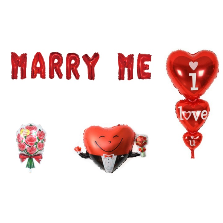 Комплект балони Marry me, Подарък топер за торта, 11 части, Червен