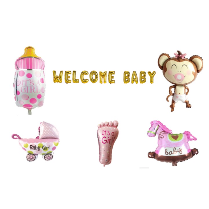 Üdvözlő baba lufi szett, Lányoknak, tortafeltét, 17 db, Arany