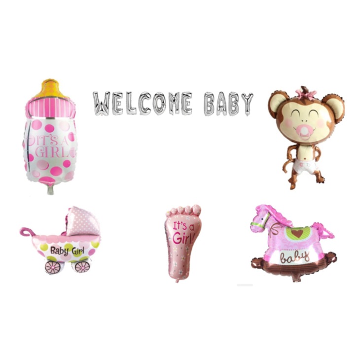 Üdvözlő baba lufi készlet, Lányoknak, tortafeltét, 17 db, Ezüst