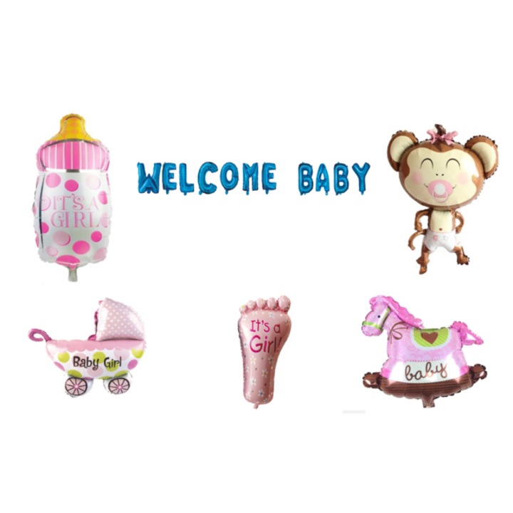 Üdvözlő baba lufi szett, Lányoknak, tortafeltét, 17 db, Kék