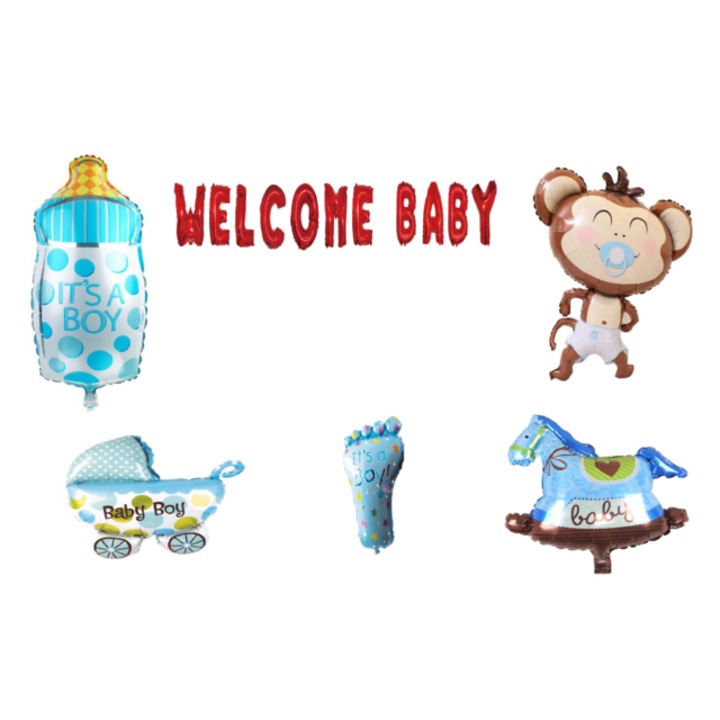 Üdvözlő baba lufi szett, Fiúknak, tortadísszel, 17 db, Piros