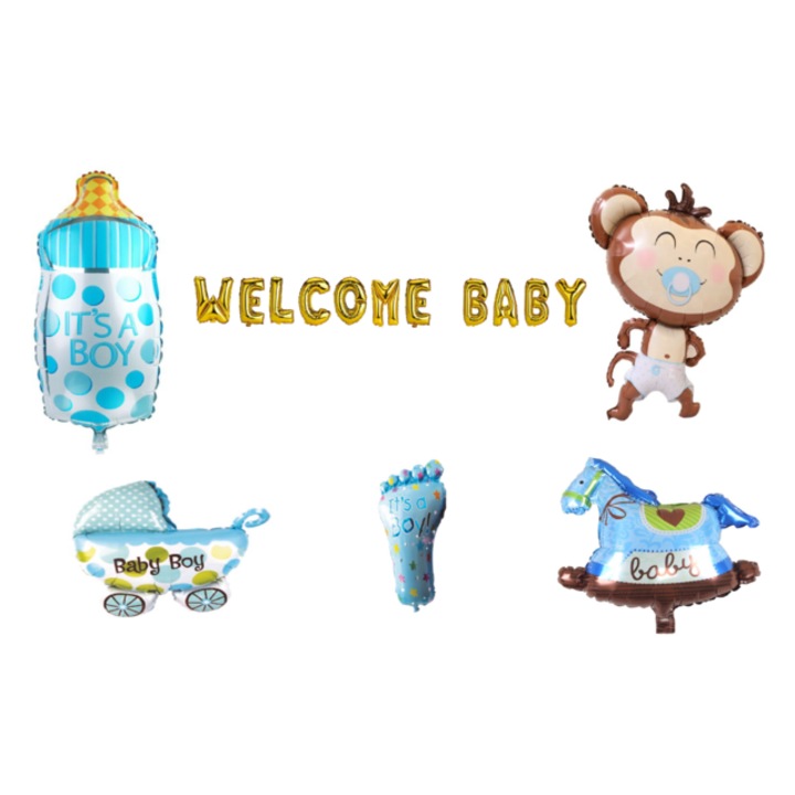 Welcome Baby lufi szett, Fiúknak, tortafeltét, 17 db, Arany