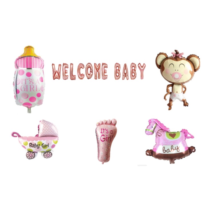 Üdvözlő baba lufi készlet, Lányoknak, tortafeltét, 17 db, Rosegold,