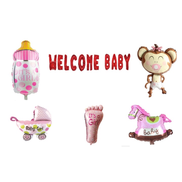 Üdvözlő baba lufi szett, Lányoknak, tortafeltét, 17 db, Piros