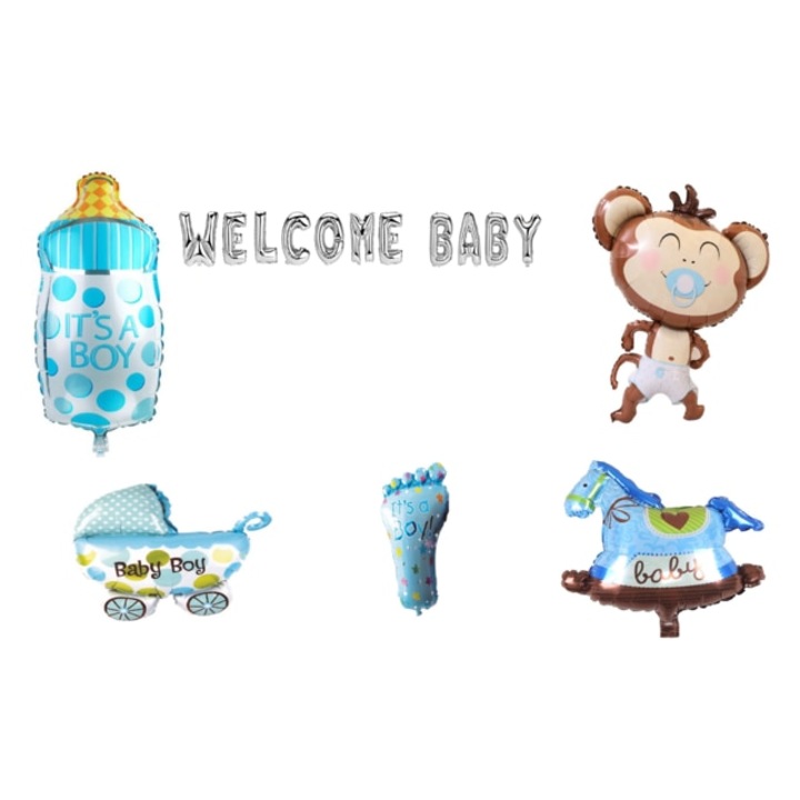 Üdvözlő baba lufi készlet, Fiúknak, tortafeltét, 17 db, Ezüst