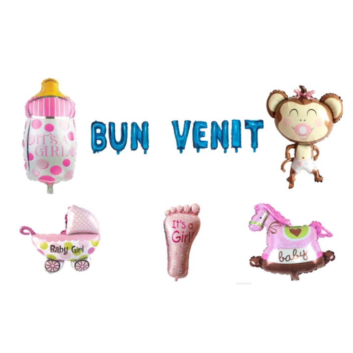 Üdvözlő lufi szett, Lányoknak, tortafeltét, 14 db, kék