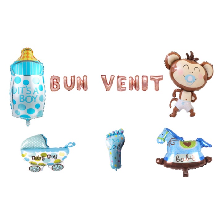 Üdvözlő lufi szett, Fiúknak, tortafeltét, 14 db, Rosegold