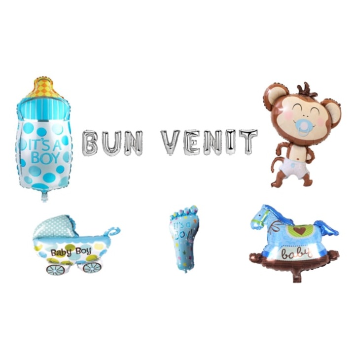 Üdvözlő lufi szett, Fiúknak, tortafeltét, 14 db, Ezüst