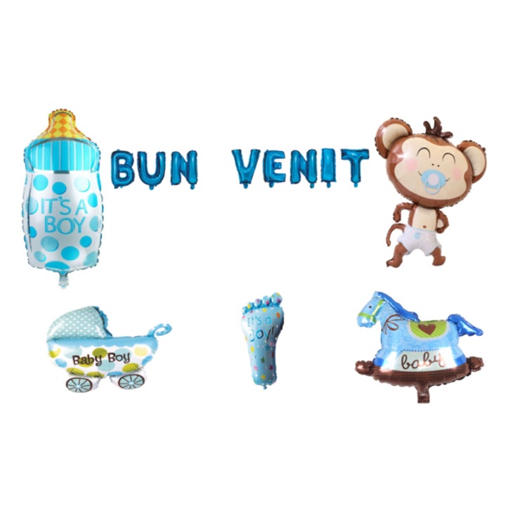 Üdvözlő lufi szett, Fiúknak, tortafeltét, 14 db, kék
