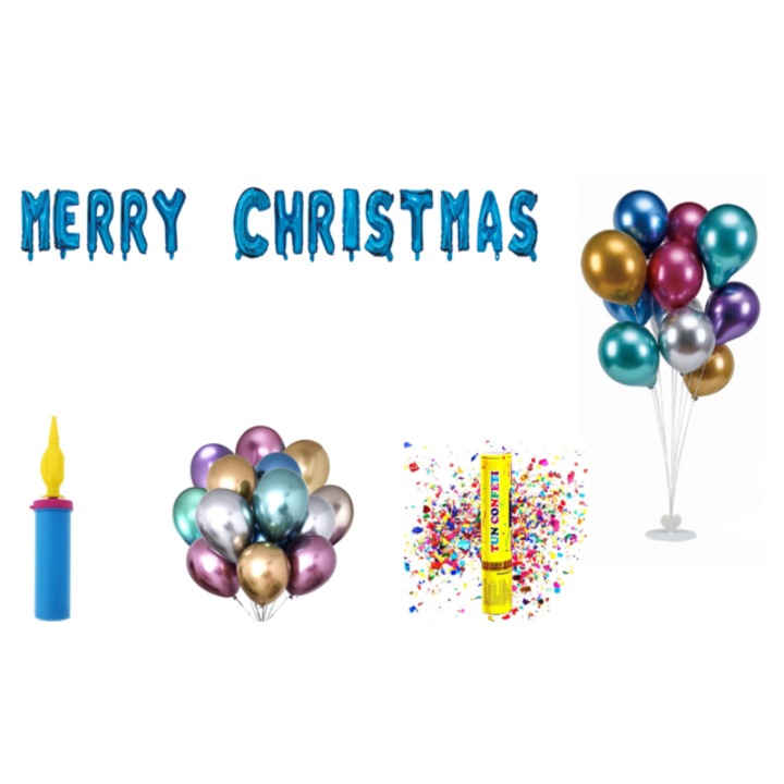 Merry Christmas lufi készlet, tortalappal, 75 db, kék