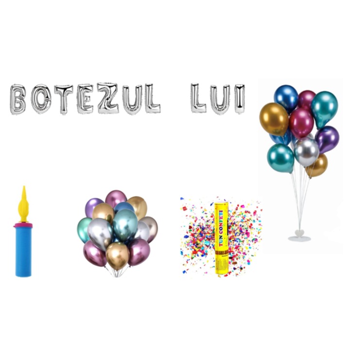 Keresztelő lufi szettje, tortafeltét, 71 db, ezüst