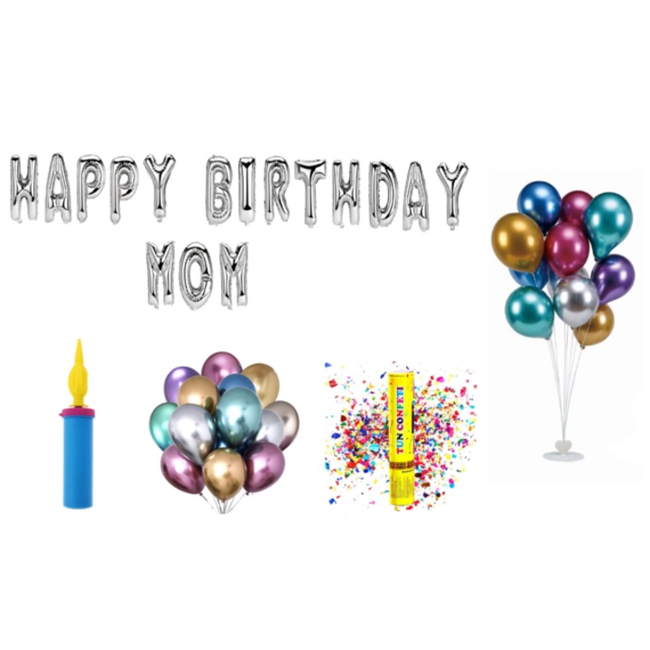 Boldog születésnapot Anya lufi szett, tortafeltét, 77 db, ezüst
