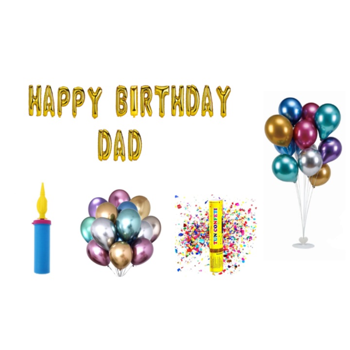 Комплект балони Happy Birthday Dad, топер за торта, 77 бр., злато