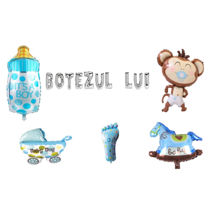 Keresztelő lufi szettje, fiúknak, tortalap, 16 részes, ezüst