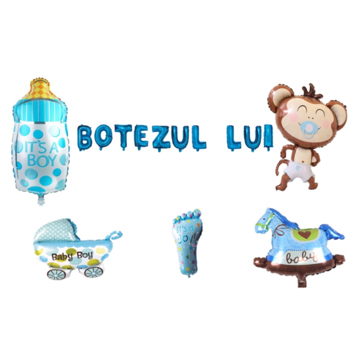 Keresztelő lufi szettje, Fiúknak, tortafeltét, 16 db, kék