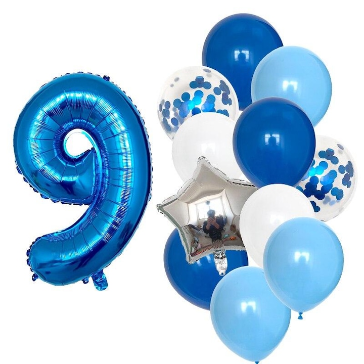 Комплект от 12 балона за рожден ден 9 години, момче, син цвят, Време е за парти