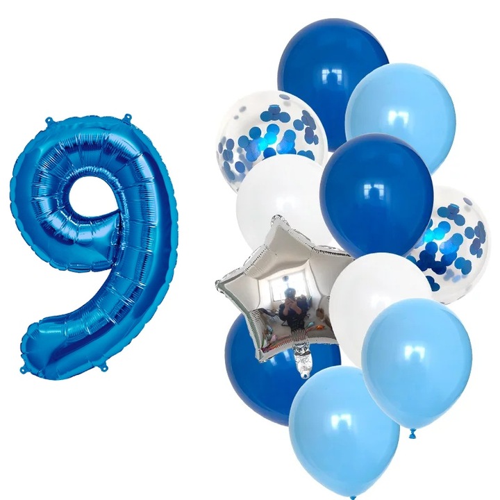 Комплект от 12 балона за 9 години рожден ден, момче, син цвят, It's Party Time, 1 метър