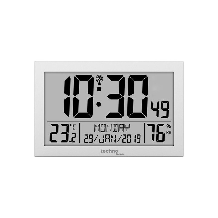Technoline rádióvevős asztali óra, nagy számlap, hőmérséklet kijelző, páratartalom kijelző