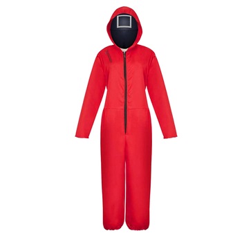 Costum pentru copii, Jocul Calamarului, Patrat, marimea L, 120-130 cm, rosu, masca inclusa Costum pentru copii, Jocul Calamarului, Patrat, marimea L, 120-130 cm, rosu, masca inclusa