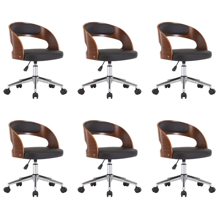Set scaune pivotante vidaXL, 6 buc. negru, lemn curbat & piele ecologica, 48 x 53 x (66,5-74,5) cm, 6.8 kg