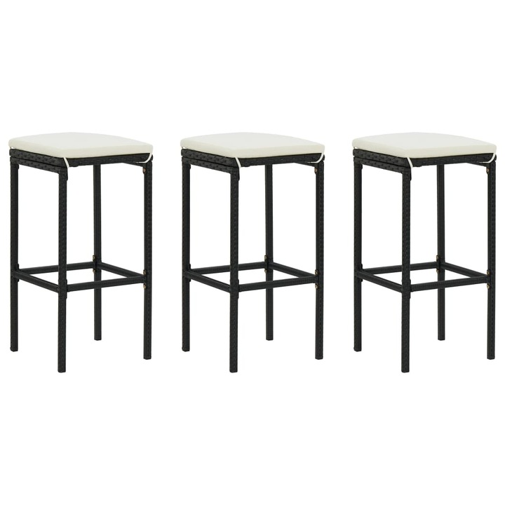 Set taburete de bar cu perne vidaXL, 3 buc., negru, poliratan, 38 X 38 X 76 cm, 11 kg