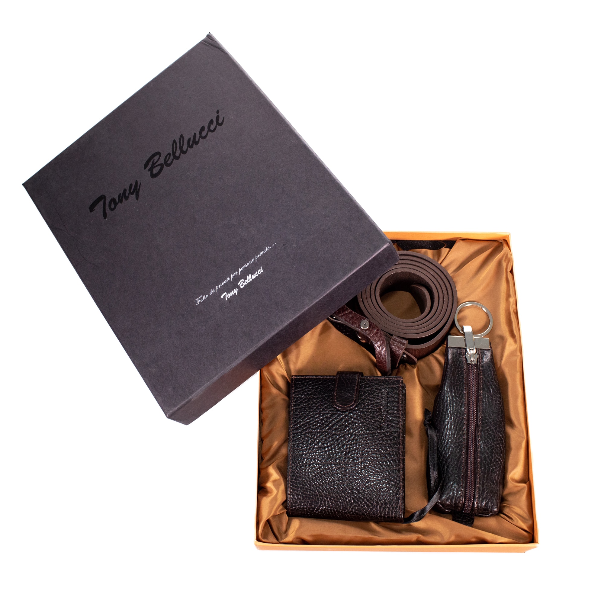 Set cadou pentru barbati din piele naturala, Tony Bellucci, model TB 71400, Maro inchis