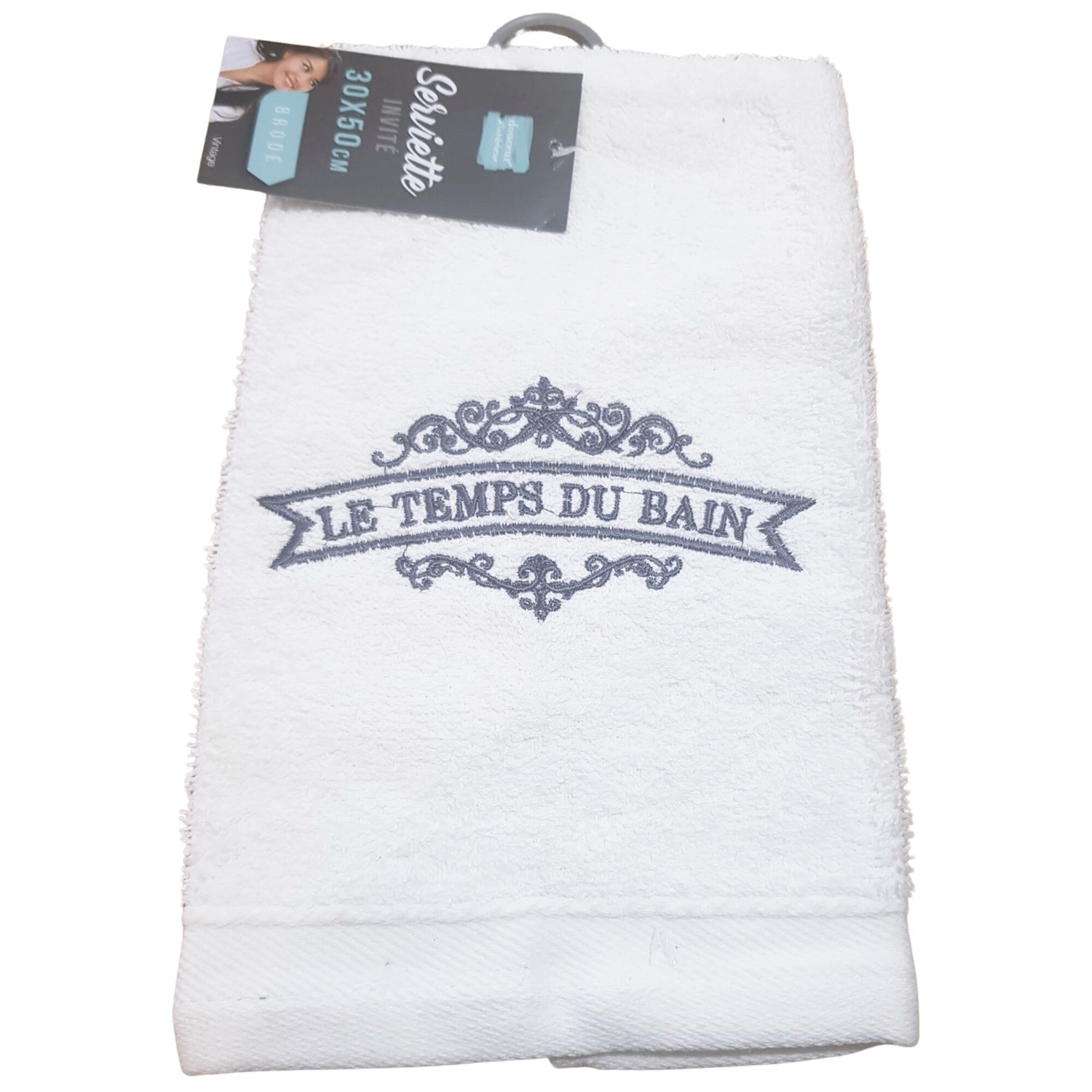 Prosop de maini brodat „Le Temps du Bain” vintage, 30x50 cm, alb