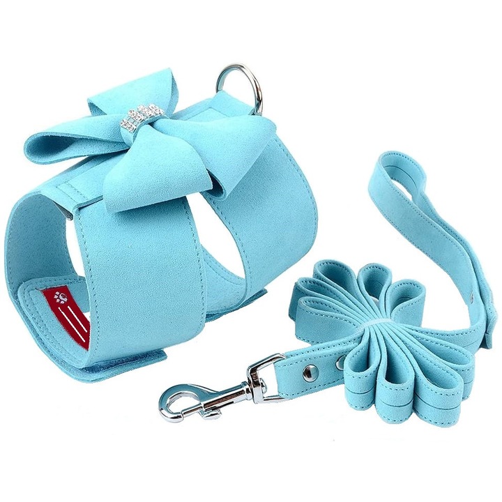 Set Ham si lesa Leather Bow cu fundita si pietricele, pentru caini si pisici, S, Bleu