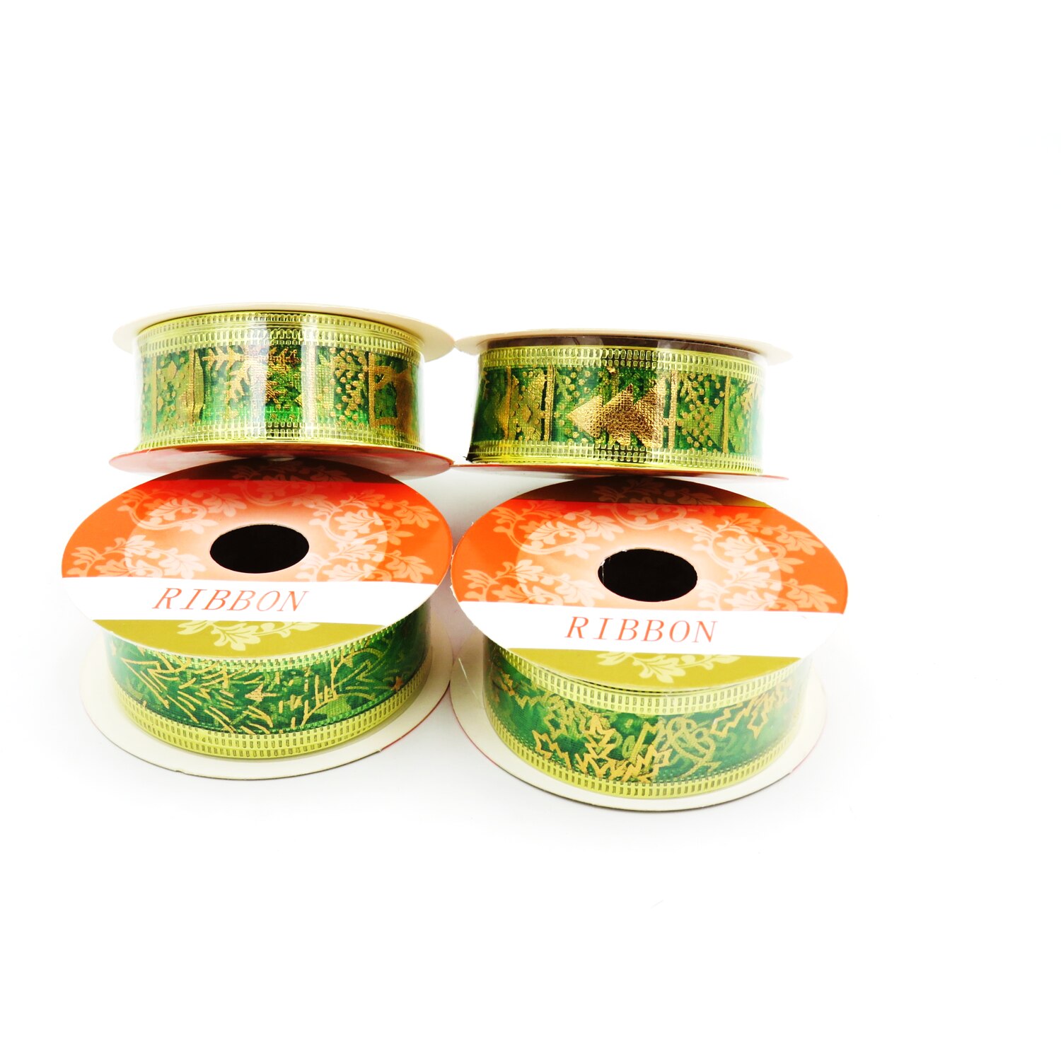 Set 4 bucati Panglica cu motiv de Craciun, , Ribbon, Verde si Auriu, 5m