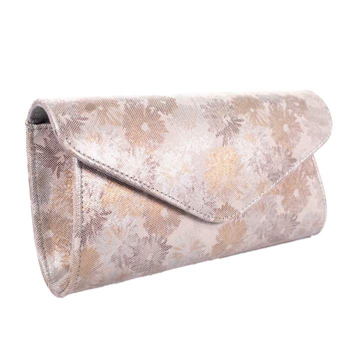 Елегантен плик Magazinul De Genti, естествена кожа, флорален принт, сив