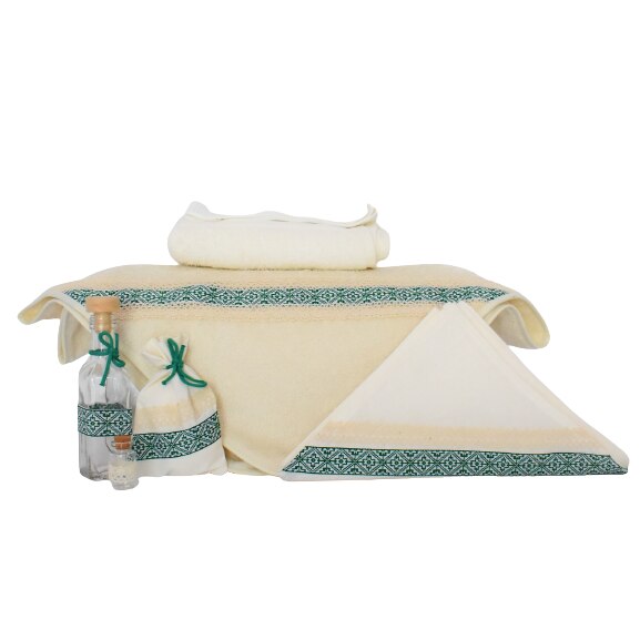 Set botez traditional ivoire 7 piese- Trusou biserica Folclor Verde- Odorul Mamei
