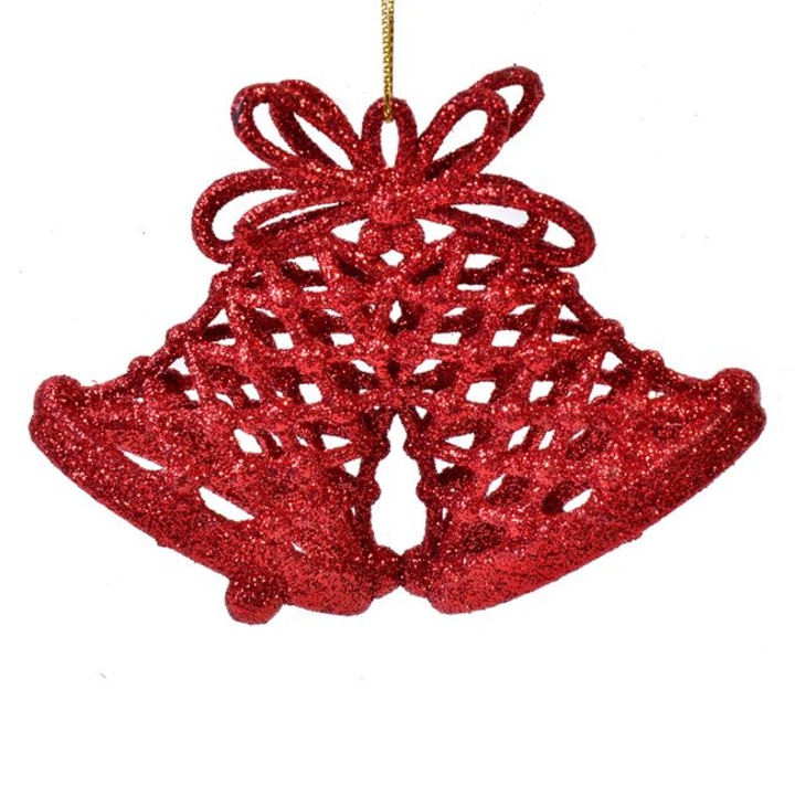 Set 3 globuri de Craciun in forma de clopotele perforate cu sclipici, 11 cm, rosu