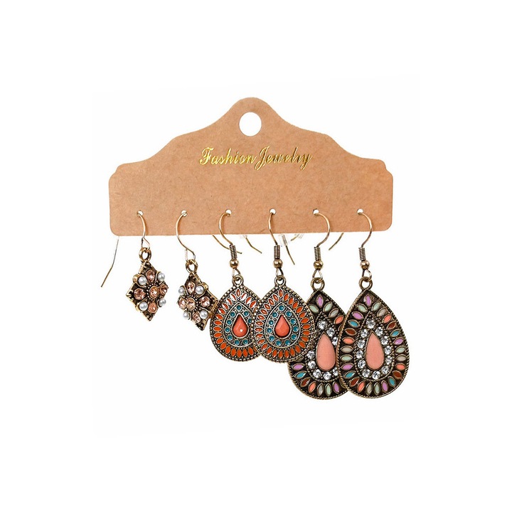 Set de 3 perechi de cercei boho, picaturi si romburi pictate cu email, perle si cristale Multicolor