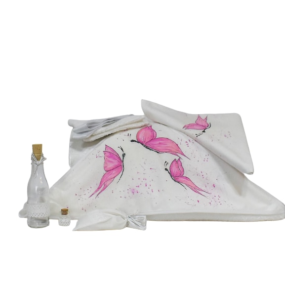 Set botez pictat alb 7 piese- Trusou biserica Fluturi roz- Odorul Mamei