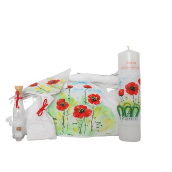 Set botez pictat 9 piese- Trusou si Lumanare biserica pictate Maci - Odorul Mamei Set botez pictat 9 piese- Trusou si Lumanare biserica pictate Maci - Odorul Mamei