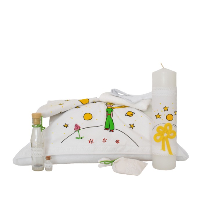 Set botez pictat 9 piese- Trusou si Lumanare biserica, pictate Micul Print- Odorul Mamei