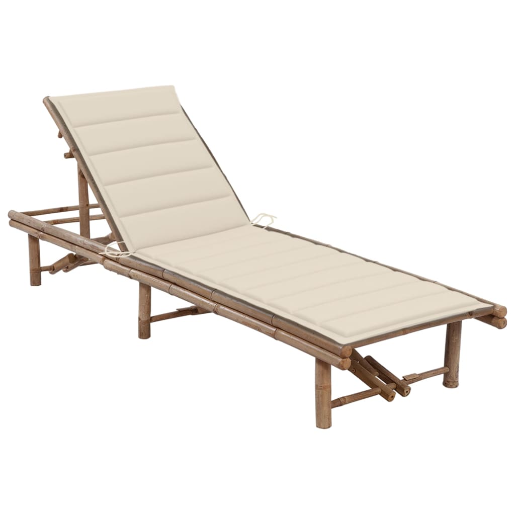 Sezlong de gradina cu perna crem, bambus 3061634 200 x 65 x (30-87) cm
