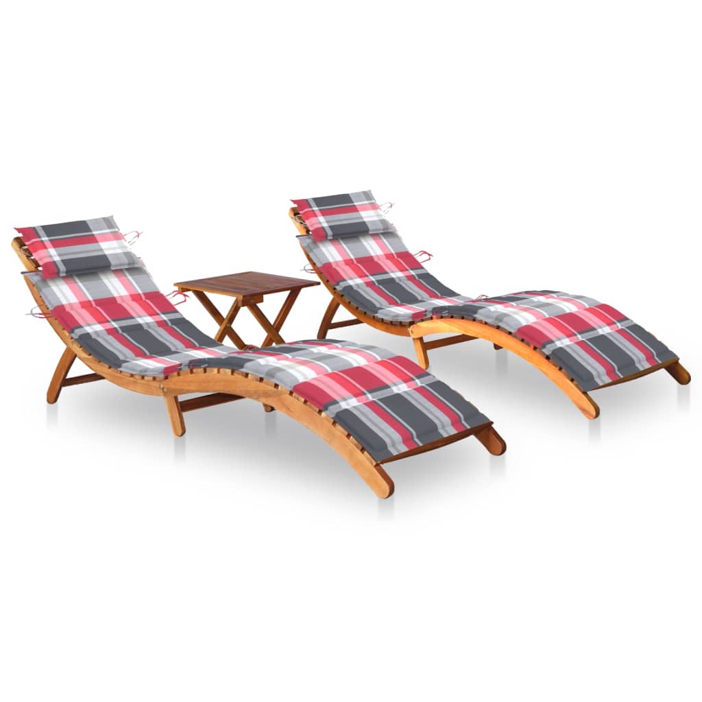 Set sezlonguri cu masa si perne, 2 buc, lemn masiv de acacia maro/rosu/gri 3077389
