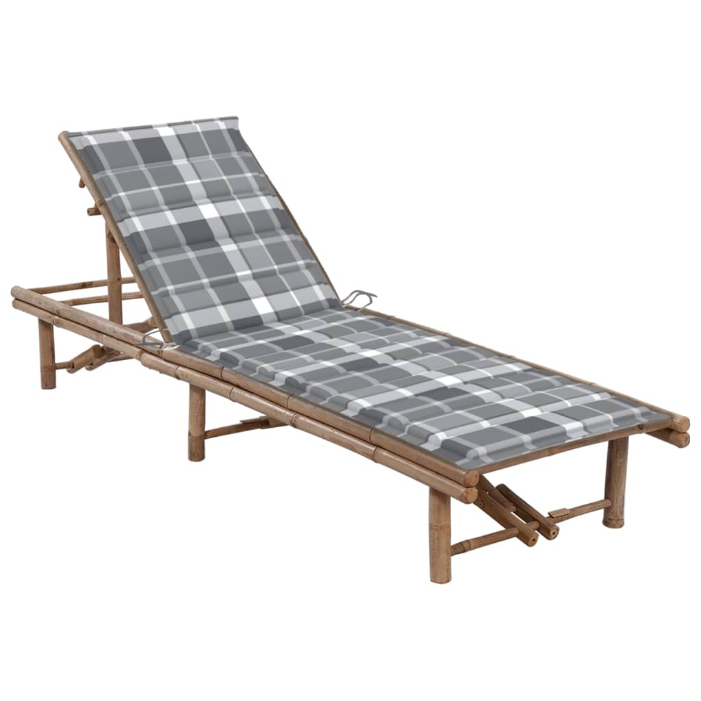 Set sezlong de gradina cu perna, bambus, maro/gri 200 x 65 x (30-87) cm 3061646