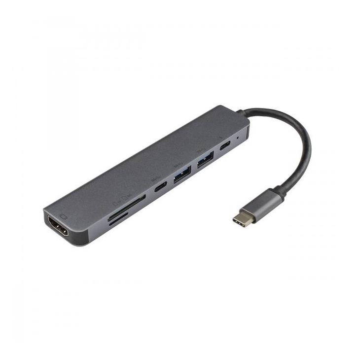 Hub Sbox, Многопортов, Type-C - HDMI / USB / SD / TF, 7 в 1, Черен